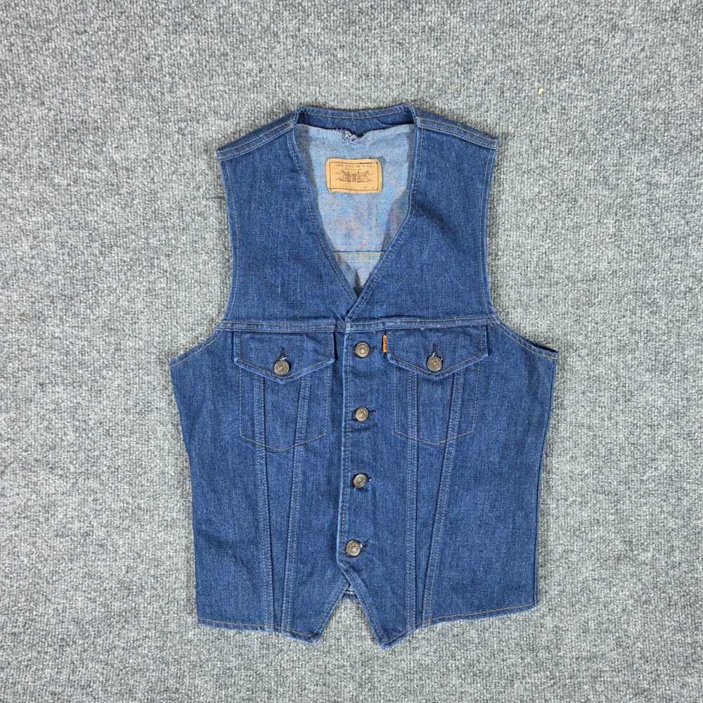 Vintage Levis Orange Tab Denim Vest 60670-0317 Womens Medium Blue Dark Wash 70s